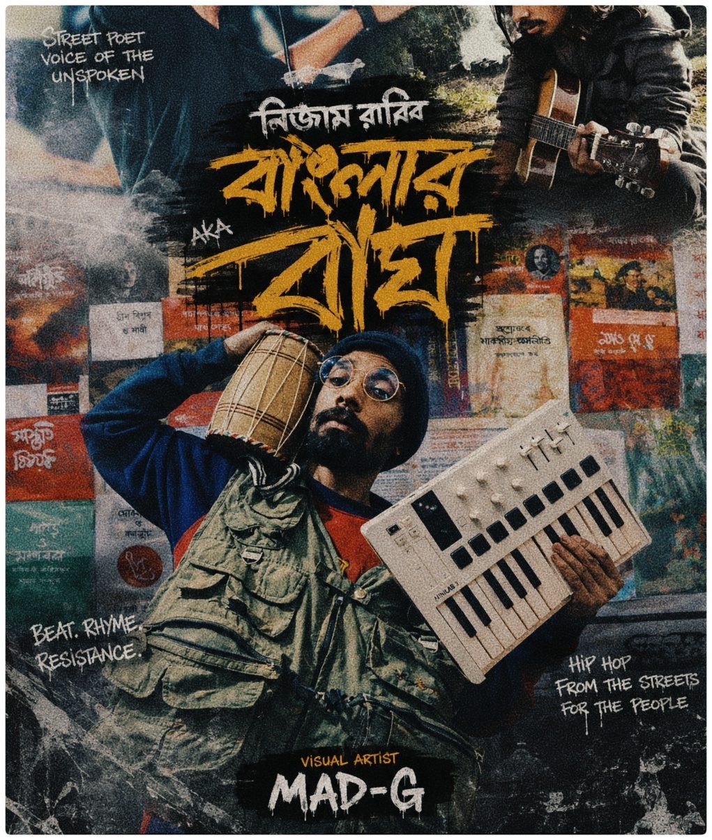 Nizam Rabby — Banglar Bagh, holding dhol and synthesizer, street poet poster